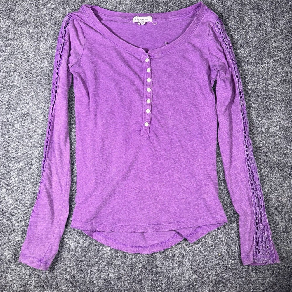 Vintage Y2K Aeropostale Purple Long Sleeve Button Henley Top XS Lace Knit Sleeve